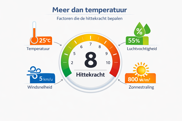 De factoren die hittekracht bepalen: temperatuur, luchtvochtigheid, wind en zon