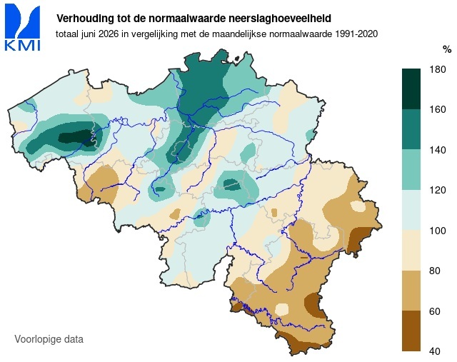 Neerslagafwijking Vlaanderen en België in juni 2026
